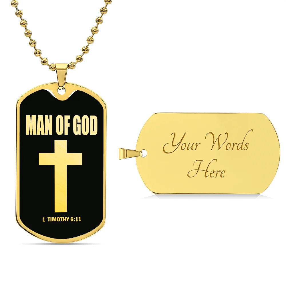 Man of God 1 Timothy 6 Personalized Engraved Gold Dog Tag Necklace Custom Name